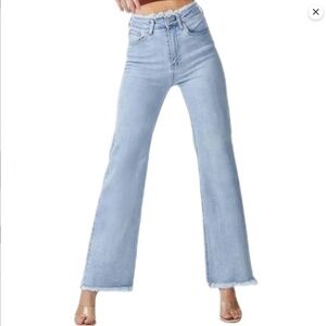 Risen High-rise Wide leg Blue Jeans Frayed Hem Stretchy basic essential capsule
